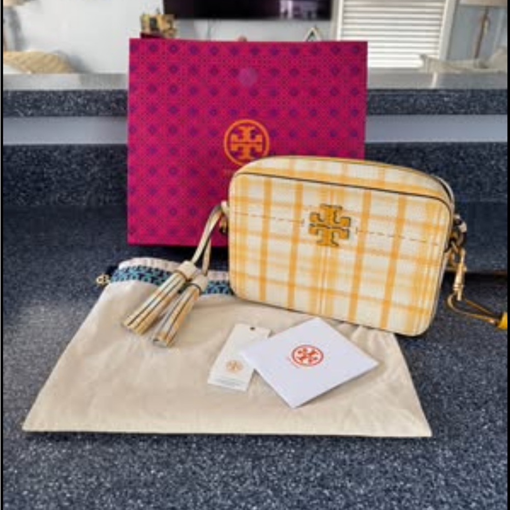 NWT, Tory Burch Yellow Plaid McGraw Camera Crossbody Bag